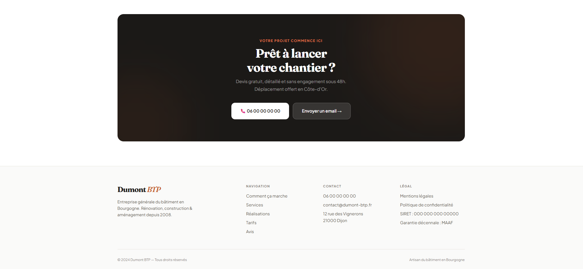 Footer du site artisan