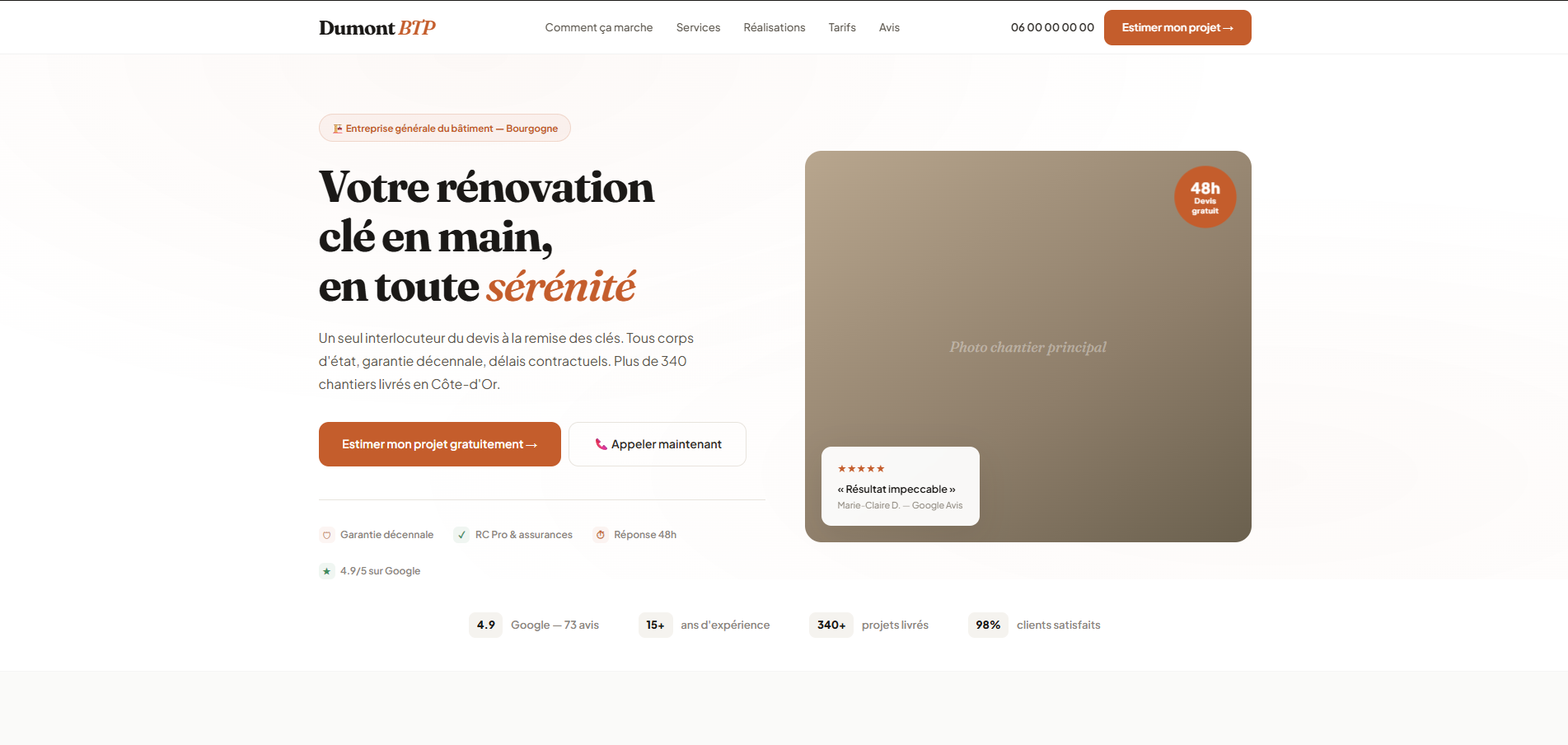 Homepage du site artisan